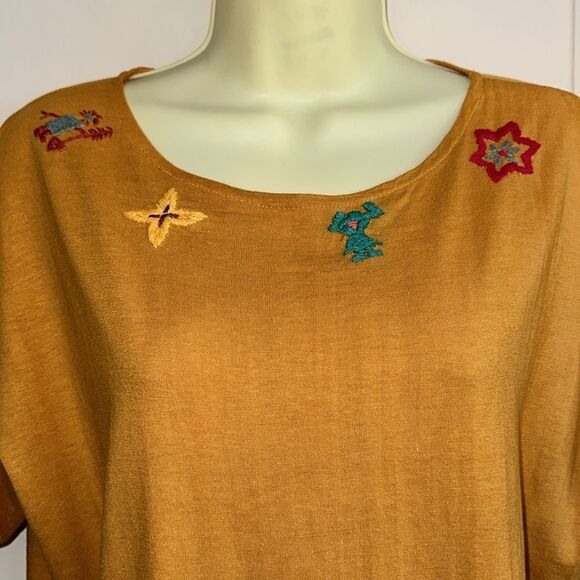 Vintage 80s/90s French Navy Gold/Orange Embroidered Neck & Sleeves Top - Picture 2 of 10